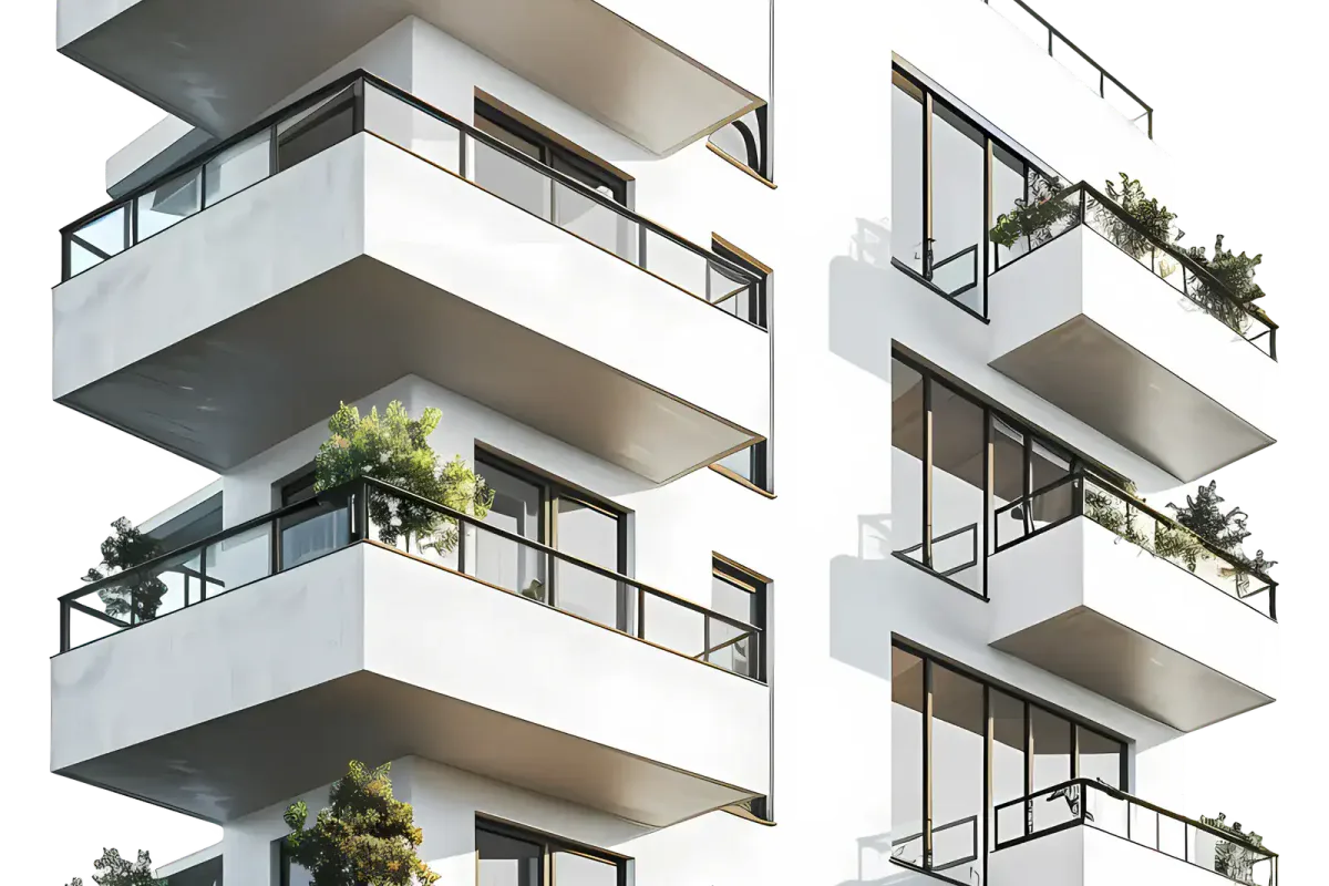 Contemporary white apartment complex with spacious balconies